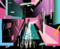 Dibujo mujer de espaldas en un entorno futurista.